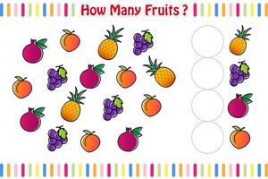 jeu de comptage avec des mascottes de fruits mignons, feuille de calcul mathématique du jeu de fruits, illustration vectorielle isolée vecteur