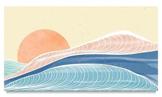 paysage de vagues océaniques. peinture moderne minimaliste créative et impression d'art en ligne. paysages d'arrière-plans esthétiques contemporains abstraits. avec océan, mer, coucher de soleil, ligne d'horizon, vague. illustrations vectorielles vecteur