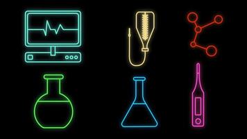 ensemble d'enseignes lumineuses lumineuses multicolores médicales au néon pour un magasin de pharmacie ou un laboratoire scientifique hospitalier beau brillant avec des objets d'icônes de médecine sur fond noir. illustration vectorielle vecteur