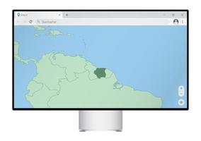 écran d'ordinateur avec carte du suriname dans le navigateur, recherchez le pays du suriname sur le programme de cartographie Web. vecteur