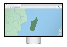écran d'ordinateur avec carte de madagascar dans le navigateur, recherchez le pays de madagascar sur le programme de cartographie Web. vecteur