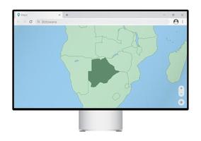 écran d'ordinateur avec carte du botswana dans le navigateur, recherchez le pays du botswana sur le programme de cartographie Web. vecteur