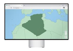 écran d'ordinateur avec carte de l'algérie dans le navigateur, recherchez le pays de l'algérie sur le programme de cartographie Web. vecteur