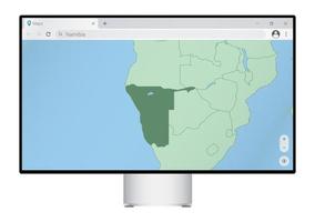 écran d'ordinateur avec carte de la namibie dans le navigateur, recherchez le pays de la namibie sur le programme de cartographie Web. vecteur