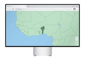 écran d'ordinateur avec carte du bénin dans le navigateur, recherchez le pays du bénin sur le programme de cartographie Web. vecteur