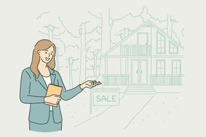 agent immobilier au concept de travail. jeune femme souriante agent immobilier debout et montrant la maison à vendre illustration vectorielle. vecteur