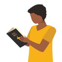 homme afro-américain lisant avec la sainte bible. illustration vectorielle. vecteur