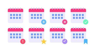 calendrier agenda icône ensemble plat simple coloré vecteur ajouter supprimer vérifier favori signet agenda conception illustration