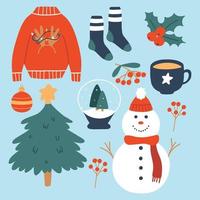 ensemble d'éléments d'hiver. collection d'objets d'hiver. pull, bonhomme de neige, sapin de noël, chaussettes. illustration vectorielle. décor de noël. style plat. vecteur