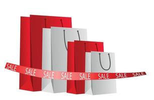 sacs à provisions cadeaux en rouge et blanc. le concept d'une offre spéciale de remises, de ventes, de shopping. pour le nouvel an, noël, la journée de la femme, la saint valentin, anniversaire, achat, pour la publicité, prospectus vecteur