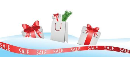 coffrets cadeaux et forfaits avec achats pour noël et nouvel an, concept d'offre spéciale, ventes, shopping. vente pour le nouvel an et noël, achat de cadeaux, illustration pour la publicité, panneaux vecteur