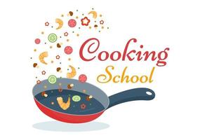 école de cuisine pour apprendre à cuisiner des plats faits maison et une variété de plats délicieux dans une classe d'apprentissage sur l'illustration de modèles dessinés à la main de dessin animé plat vecteur