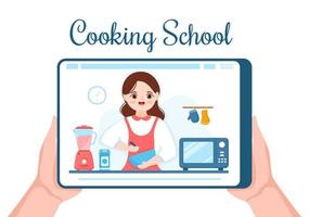 cuisine en ligne en streaming en direct avec le chef en classe apprendre à cuisiner des plats faits maison et une variété de plats dans une illustration de modèle dessiné à la main de dessin animé plat vecteur