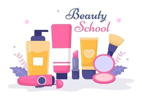 école de beauté et de maquillage avec des produits cosmétiques pour étudier et de belles filles se maquillant dans une illustration de modèles dessinés à la main de dessin animé plat vecteur