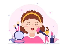 école de beauté et de maquillage avec des produits cosmétiques pour étudier et de belles filles se maquillant dans une illustration de modèles dessinés à la main de dessin animé plat vecteur