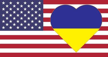 coeur peint aux couleurs du drapeau de l'ukraine sur le drapeau des états-unis. illustration vectorielle d'un coeur bleu-jaune sur fond rayé. vecteur