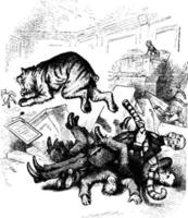 tigre chassant le petit chien, illustration vintage. vecteur