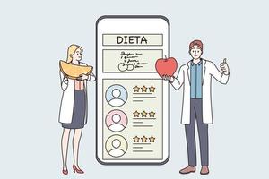 concept de consultation de service en ligne de nutritionniste. jeunes médecins nutritionnistes debout faisant un plan de régime avec des aliments sains et une activité physique pendant l'illustration vectorielle de consultation en ligne vecteur