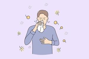 concept de réaction allergique, de médecine et de soins de santé. personnage de dessin animé d'homme ayant une allergie au pollen avec nez qui coule et illustration vectorielle des yeux larmoyants vecteur