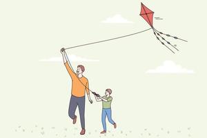 bonne fête des pères et concept de loisirs. souriant père parent homme positif et son fils jouant avec un cerf-volant ensemble à l'extérieur le jour d'été ensoleillé illustration vectorielle vecteur