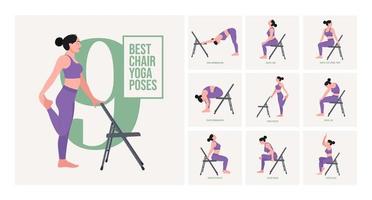 postures de yoga sur chaise. ensemble d'exercices d'étirement de chaise. fitness d'entraînement de femme, aérobie et exercices. illustration vectorielle. vecteur