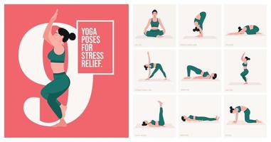 poses de yoga pour soulager le stress. jeune femme pratiquant la pose de yoga. fitness d'entraînement de femme, aérobie et exercices. illustration vectorielle. vecteur