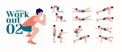 ensemble d'entraînement pour hommes. les hommes exercent un ensemble de vecteurs. hommes faisant des exercices de fitness et de yoga. fentes, pompes, squats, rangées d'haltères, burpees, planches latérales, pont fessier, élévation de jambe, torsion russe .etc vecteur