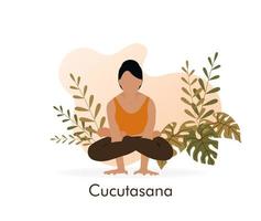 jeune femme en pose de yoga. kukutasana ou posture du coq. fille faisant du pilates ou des exercices sur fond de nature abstraite. pratique physique et spirituelle. illustration vectorielle. vecteur