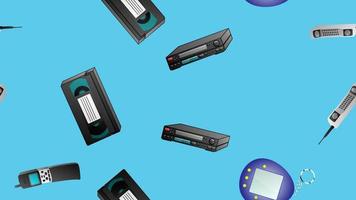 modèle sans couture de vieux hipster rétro appareils électroniques technologies ordinateurs cassettes magnétophones téléphones mobiles des années 70, 80, 90, 2000 sur fond bleu vecteur