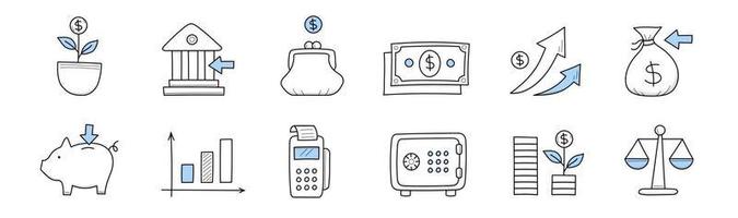 finance, investissement bancaire doodle icônes ensemble isolé vecteur