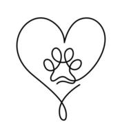 coeur avec patte de chat ou de chien dans un logo de dessin continu d'une ligne. dessin au trait minimal. empreinte animale dans le coeur. concept d'amour pour animaux de compagnie vecteur