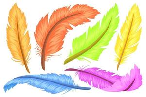 ensemble de plumes colorées, différentes formes et couleurs. dessin animé et style plat. illustration vectorielle isolée sur fond blanc. vecteur