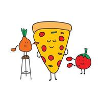 illustration vectorielle graphique enfants style de dessin pizza mignonne drôle avec tomate et oignon dans un style de dessin animé. vecteur