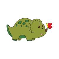 illustration vectorielle graphique enfants style de dessin dinosaure triceratops vert mignon drôle avec petit papillon dans un style de dessin animé. vecteur