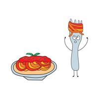 illustration vectorielle graphique enfants dessinant des spaghettis drôles avec une fourchette dans un style de dessin animé. vecteur