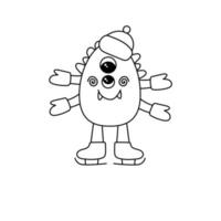 un monstre noir et blanc avec un chapeau et des patins. un monstre d'hiver avec un sourire. illustration vectorielle de griffonnage vecteur