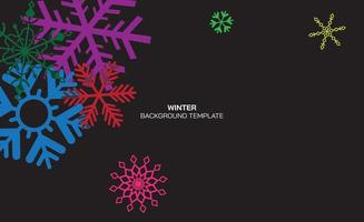 les flocons de neige abstraits couleurs vives sur fond noir ont un espace vide. modèle d'invitation d'hiver coloré. vecteur