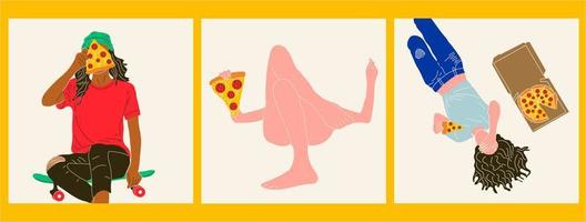 ensemble de trois personnages de dessin animé de jeune femme heureuse mange vecteur de pizza en style cartoon. tous les éléments sont isolés