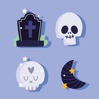 joyeux halloween, crâne, pierre tombale et demi-lune vecteur