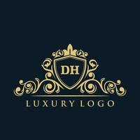 logo lettre dh avec bouclier d'or de luxe. modèle vectoriel de logo d'élégance.