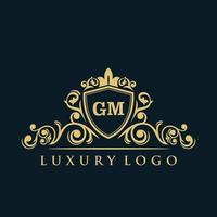 logo lettre gm avec bouclier d'or de luxe. modèle vectoriel de logo d'élégance.