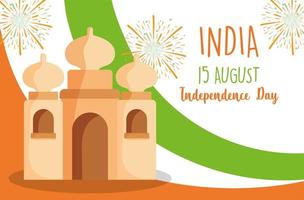 joyeux jour de l'indépendance de l'inde, drapeau du taj mahal et feux d'artifice vecteur