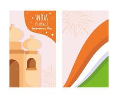 joyeux jour de l'indépendance de l'inde, drapeau du taj mahal et feux d'artifice vecteur