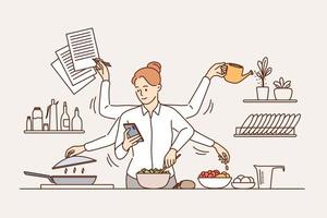 concept de multitâche et de gestion du temps. jeune femme souriante avec six bras effectuant de nombreuses tâches simultanément dans l'illustration vectorielle de la cuisine vecteur