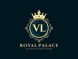 lettre vl logo victorien de luxe royal antique avec cadre ornemental. vecteur