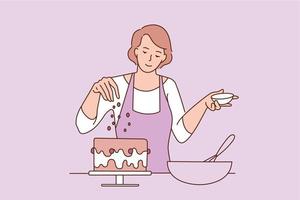 concept de cuisson et d'aliments sucrés. jeune femme souriante boulanger en tablier debout ajoutant des décorations à l'illustration vectorielle de gâteau fraîchement cuit vecteur