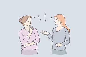 communication, sentiment de doute et d'incertitude. deux jeunes femmes debout communiquant en train de discuter sur elles se sentant douteuses frustrées illustration vectorielle vecteur