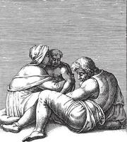 homme assis sur le sol avec femme et enfant, adamo scultori, d'après michelangelo, 1585, illustration vintage. vecteur