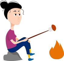 fille sur feu de camp, illustration, vecteur sur fond blanc.