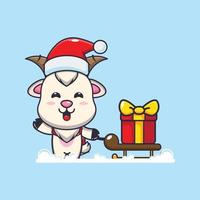 chèvre mignonne portant une boîte-cadeau de noël. illustration de dessin animé de noël mignon. vecteur